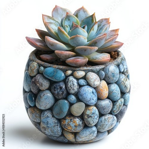 Pachyphytum Oviferum plant, also known as Moonstones, placed in a vibrant vase, isolated on a white background, showcasing the unique succulent plant's smooth, oval-shaped leaves and its decorative ap photo