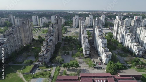 Aerial view of New Belgrade buildings blocks brutalist architecture.