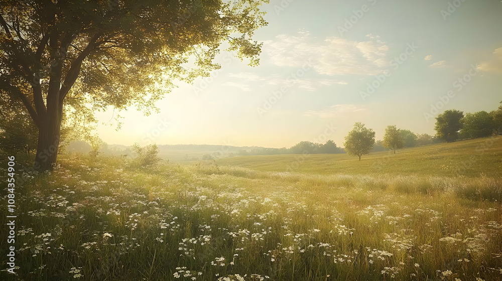 Obraz premium Summer Field with Green Trees and White Flowers - Realistic Image