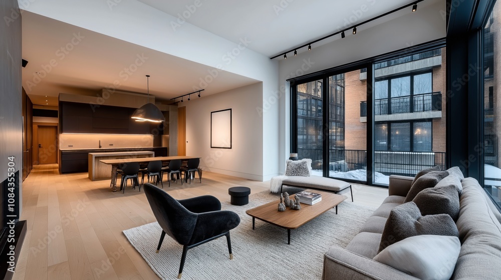 Modern open-concept living and dining area with large windows, contemporary furniture, and minimalist decor in a stylish apartment. Modern open-concept living and dining area with large windows, contemporary furniture, and minimalist decor in a stylish apartment.