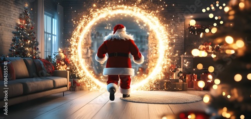 A festive scene featuring Santa Claus entering a magical portal in a cozy, decorated living room, surrounded by Christmas trees and sparkling lights, capturing the essence of holid photo