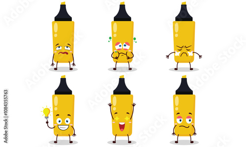 funny yellow highlighter cartoon with different expressions design illustration