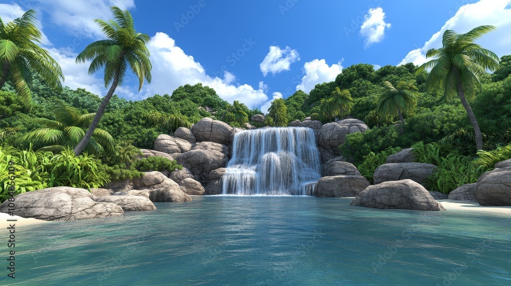 Naklejka premium Serene Tropical Waterfall Paradise Lush Island Oasis