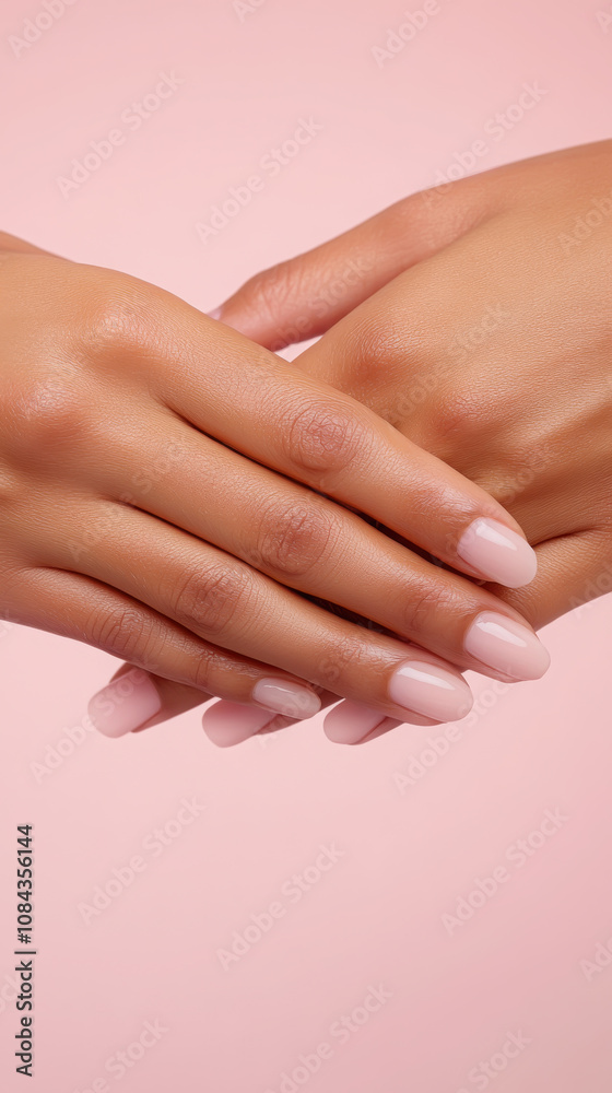 Naklejka premium Elegant manicured hands on soft pink background for beauty and spa concepts