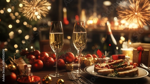 New Year’s Eve Celebration Dinner with Champagne and Festive Decor