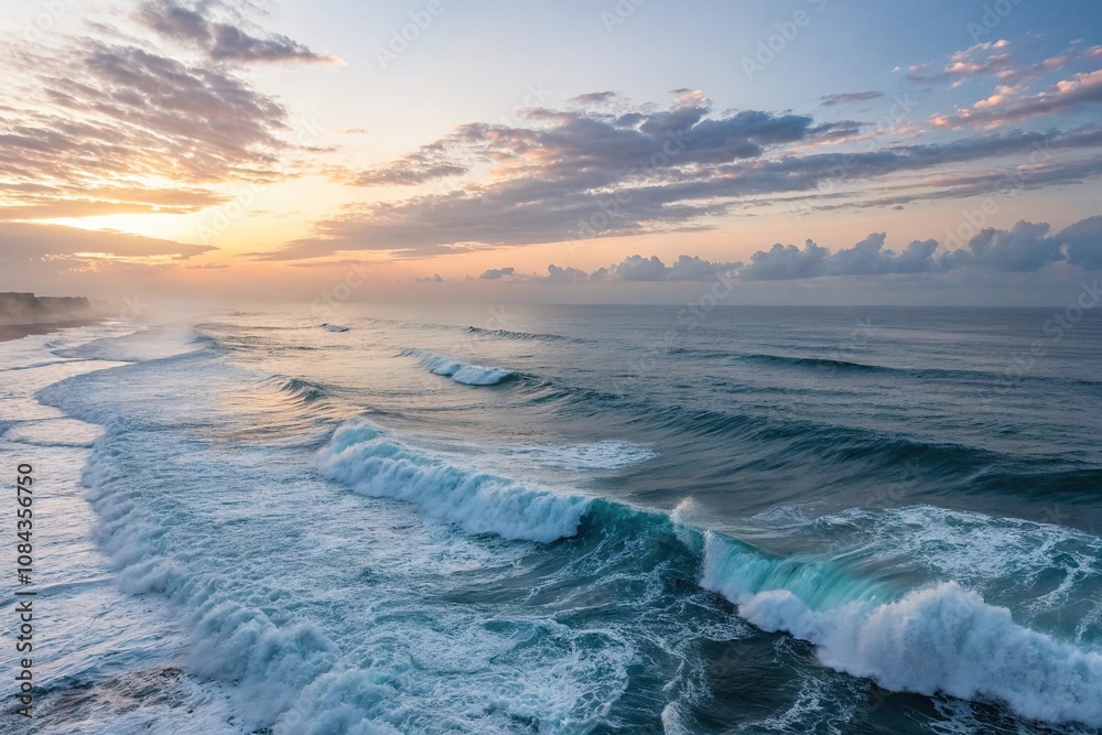 A breathtaking panorama of ocean waves at dawn, ocean view, sunrise, deep, landscape A breathtaking panorama of ocean waves at dawn, ocean view, sunrise, deep, landscape