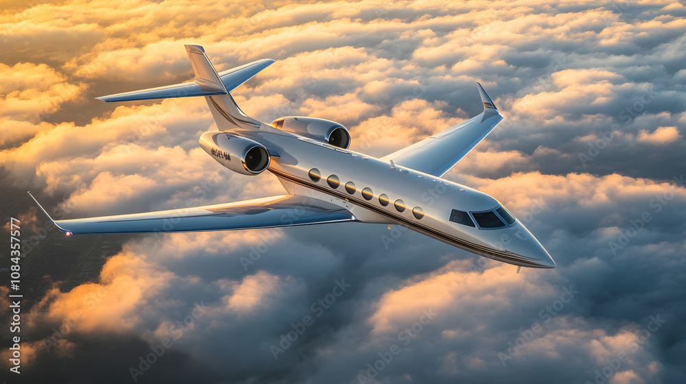 Obraz premium A sleek business jet flying in golden hour light above a layer of soft clouds capturing the elegance and exclusivity of private aviation.