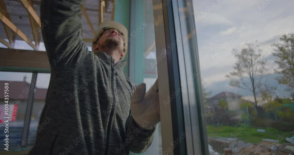 Worker examines window frame for precise alignment in residential construction site, quality control inspection in progress
