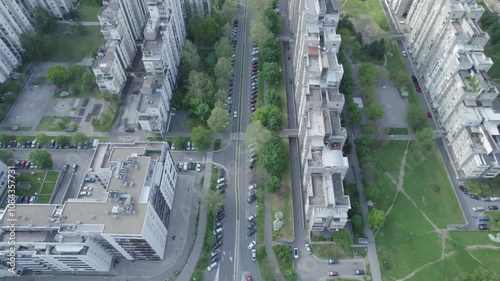 Aerial view of New Belgrade buildings blocks brutalist architecture.