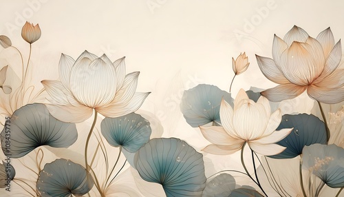A  transparent floral design with intricate lotus flowers and delicate leaves