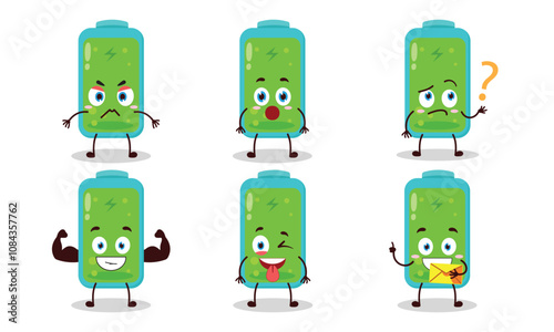 funny full battery cartoon with different expressions character design illustration
