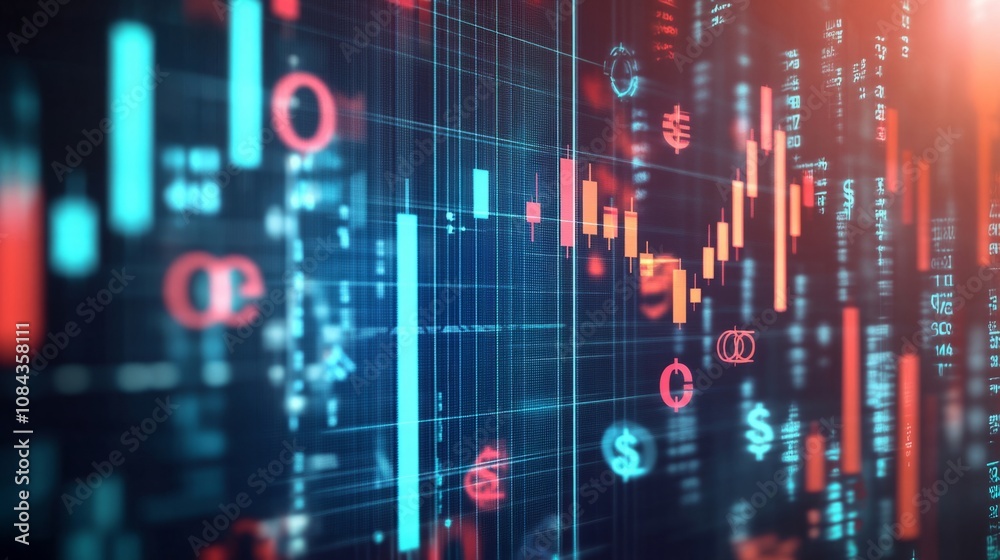 Fototapeta premium A financial backdrop showing a complex graph with upward and downward trends, combined with various currency symbols floating around the chart. 