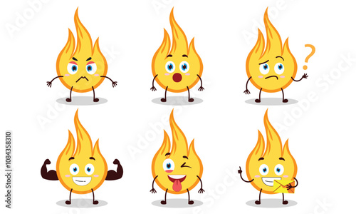 funny fire cartoon with different expressions character design illustration