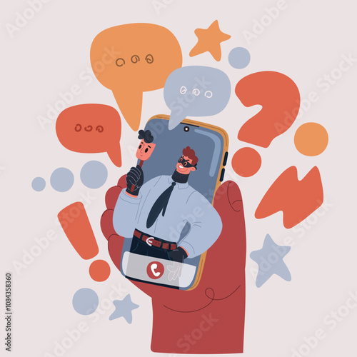 Cartoon vector illustration of a masked scammer on a smartphone screen, cybercrime and online threat concept