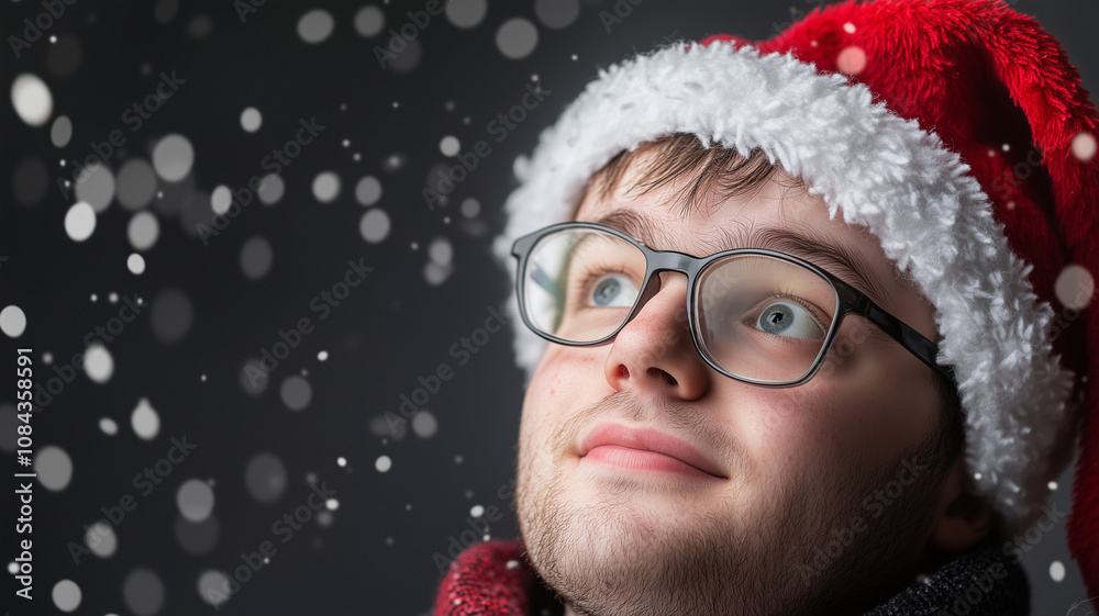 Portrait of a young man with down syndrome, wearing a christmas hat. Accepting people with disablilties or mental disadvantaged people. Disability awareness theme. Portrait of a young man with down syndrome, wearing a christmas hat. Accepting people with disablilties or mental disadvantaged people. Disability awareness theme.