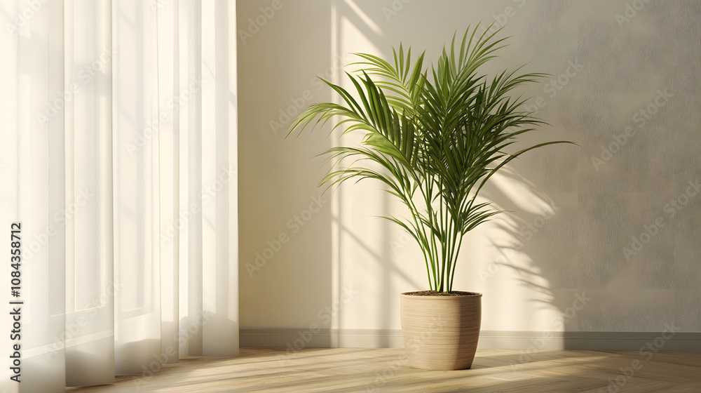 Fototapeta premium A small modern office corner with a single wooden desk minimal decor and a large potted plant creating a calm focused environment.