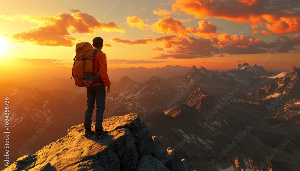 Fototapeta premium Hiker with Backpack on the Top of Mountain Looking at Scenic View