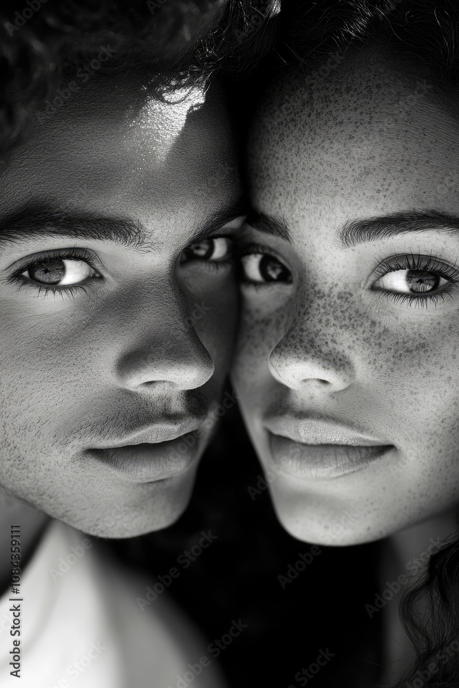 Two young adults share an intimate moment, their heads closely positioned while their expressive eyes and unique features draw attention Two young adults share an intimate moment, their heads closely positioned while their expressive eyes and unique features draw attention
