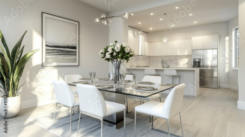 bright and airy modern dining room with glass table and white chairs