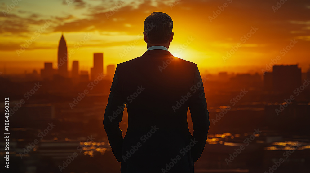 Fototapeta premium As the sun sets behind skyscrapers, a man in a suit gazes thoughtfully at the horizon, contemplating the beauty of the city below