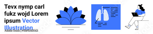 Text, lotus flower, lungs with diagnostics data, woman using laptop. Ideal for wellness, respiratory health, yoga lifestyle, remote education, online learning, vector graphics. Landing page