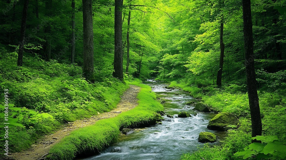 Obraz premium A winding stream flows through a lush, green forest.