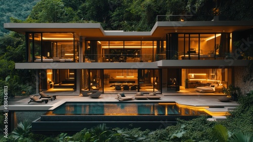 Modern luxury villa with a pool, set in lush tropical greenery.