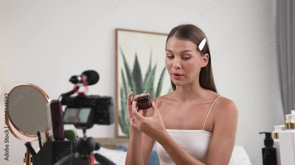 Young woman making beauty and cosmetic tutorial video content for social media. Beauty blogger smiles to camera while showing how to beauty care to audience or followers. Adit