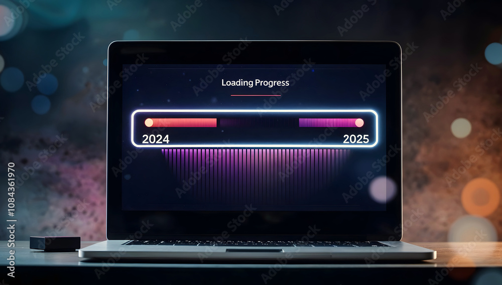 Happy New 2025 year, loading progress on laptop screen, background, template, copy space area