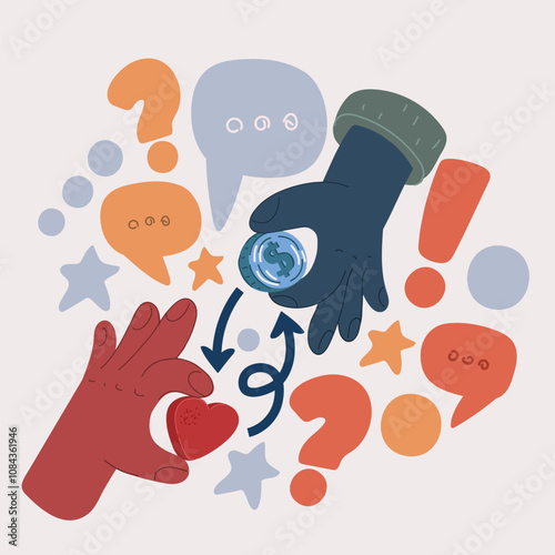 Cartoon vector illustration of likes being exchanged for money, concept of social media marketing and bots