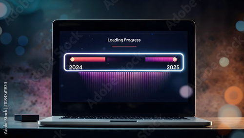 Obraz na płótnie Happy New 2025 year, loading progress on laptop screen, background, template, copy space area w salonie