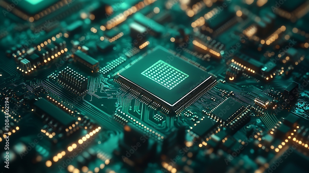 Obraz premium Closeup of processor and micro-components on intricate tech circuit board.