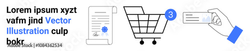 Shopping cart with number 3, document with signature and seal, hand with credit card. Ideal for e-commerce, online transactions, digital payments, paperwork, shopping, checkout processes, financial