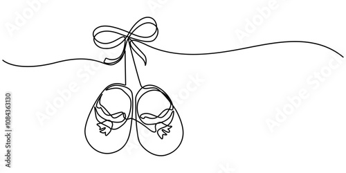 One continuous single line of baby shoes isolated on white background. Children s slippers, shoes, booties one line art. Continuous line drawing of clothes, dress, children s, wardrobe, dress up, neat