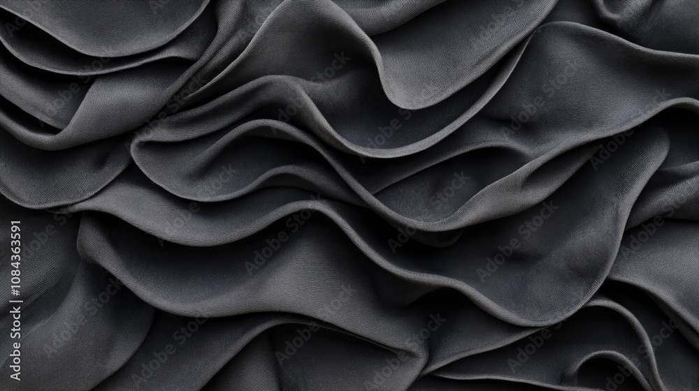 Fototapeta premium Close-up of dark gray fabric with wavy folds and pleats creating an abstract texture