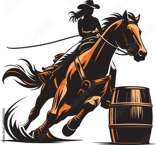 A cowgirl riding a  horse in a barrel racing competition