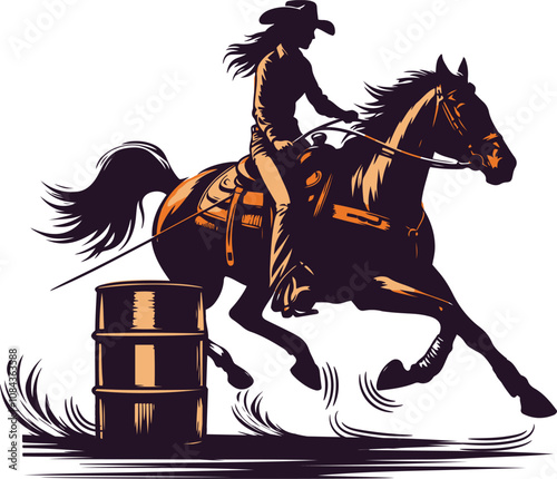 A cowgirl riding a  horse in a barrel racing competition