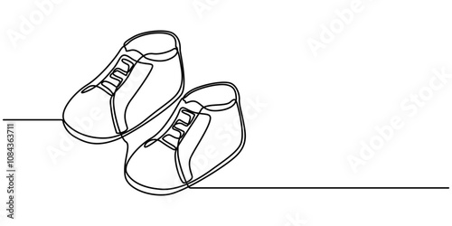 One continuous single line of baby shoes isolated on white background. Children s slippers, shoes, booties one line art. Continuous line drawing of clothes, dress, children s, wardrobe, dress up, neat