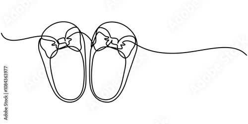 One continuous single line of baby shoes isolated on white background. Children s slippers, shoes, booties one line art. Continuous line drawing of clothes, dress, children s, wardrobe, dress up, neat