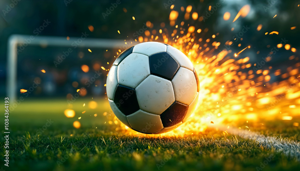 Closeup of soccer ball flying with fire trail behind, football background, sport template, copy space area