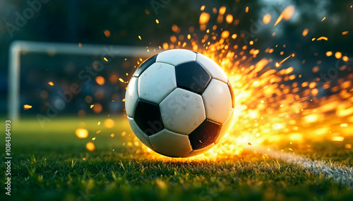 Closeup of soccer ball flying with fire trail behind, football background, sport template, copy space area