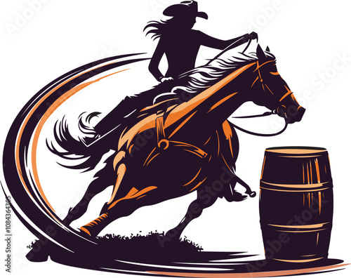 A cowgirl riding a  horse in a barrel racing competition