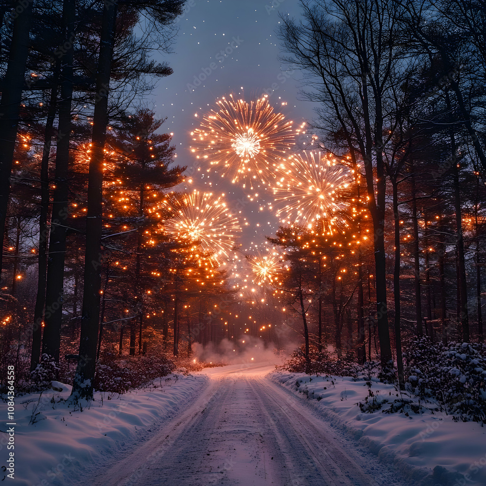 A dazzling fireworks display illuminating a snowy forest, creating a magical winter night scene A dazzling fireworks display illuminating a snowy forest, creating a magical winter night scene