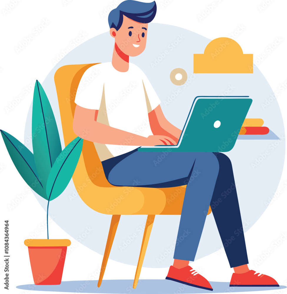 a boy is using his laptop vector a boy is using his laptop vector