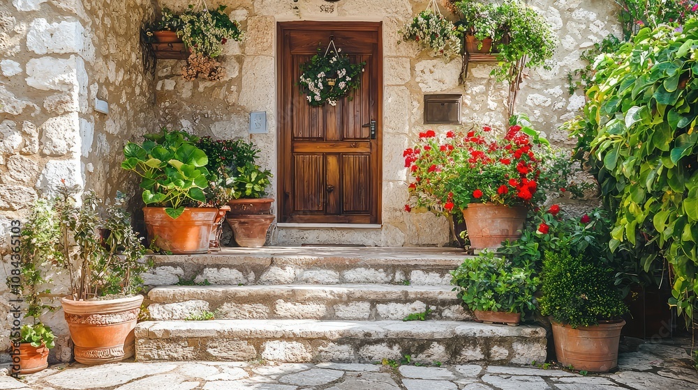 Naklejka premium Charming Entryway with Stone Steps and Decorative Plants