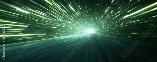 Green streaks of light exploding from the center of a dark tunnel