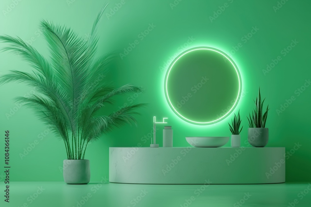 Bathroom vanity with neon circle mirror and palm plants. Modern interior design concept Bathroom vanity with neon circle mirror and palm plants. Modern interior design concept