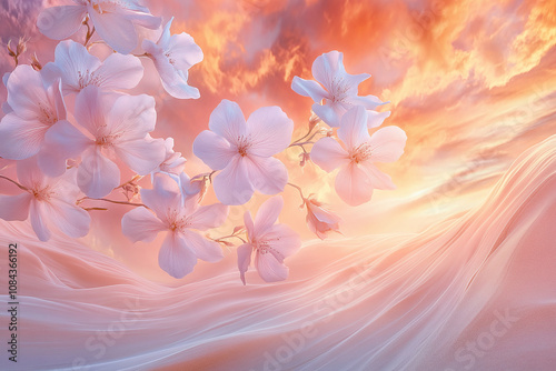 Delicate flowers suspended in mid-air against a backdrop of swirling sand dunes and a vibrant sunset sky, surreal digital photomontage.