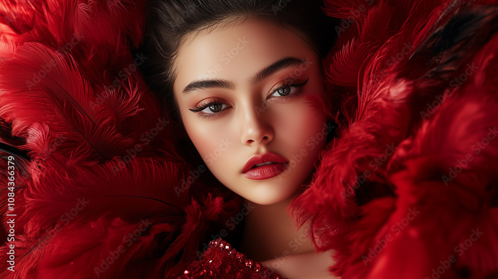 Fototapeta premium a beautiful Asian female model with flawless makeup and glossy lip in red feather dress