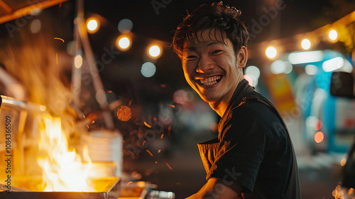 A young man smiles while cooking food in an open-air van at night with the city lights shining brightly behind him. photo